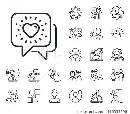 Friendship love sign. Specialist, doctor and job competition outline icons. Friends chat line icon. Assistance business symbol. Friends chat line sign. Avatar placeholder, spy headshot icon. Vector 116335896