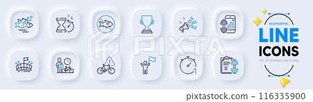 Ole chant, Timer and Bike attention line icons for web app. Pack of Arena, Fish school, Fitness app pictogram icons. Bike courier, Leadership, Hourglass timer signs. Dumbbell, Award cup. Vector 116335900