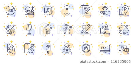 Outline set of Charging station, Idea lamp and Scroll down line icons for web app. Include Approved group, Copper mineral, Phone service pictogram icons. 360 degree, Ice cream, Feather signs. Vector 116335905