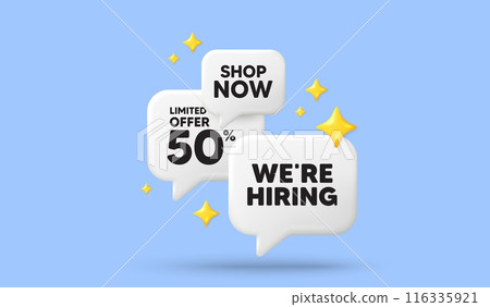 We are hiring tag. 3d offer chat speech bubbles. Recruitment agency sign. Hire employees symbol. Hiring speech bubble 3d message. Talk box stars banner. Vector We are hiring tag. 3d offer chat speech bubbles. Recruitment agency sign. Hire employees symbol. Hiring speech bubble 3d message. Talk box stars banner. Vector 116335921