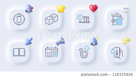 Seo gear, Calendar graph and Dice line icons. Buttons with 3d bell, chat speech, cursor. Pack of Smartphone target, Seo shopping, Online test icon. Book, Vaccine announcement pictogram. Vector Seo gear, Calendar graph and Dice line icons. Buttons with 3d bell, chat speech, cursor. Pack of Smartphone target, Seo shopping, Online test icon. Book, Vaccine announcement pictogram. Vector 116335926