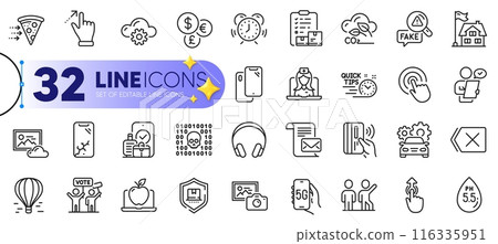 Outline set of Swipe up, Quick tips and Money currency line icons for web with Headphones, Smartphone, Binary code thin icon. Inventory checklist, Smartphone broken, Remove pictogram icon. Vector Outline set of Swipe up, Quick tips and Money currency line icons for web with Headphones, Smartphone, Binary code thin icon. Inventory checklist, Smartphone broken, Remove pictogram icon. Vector 116335951