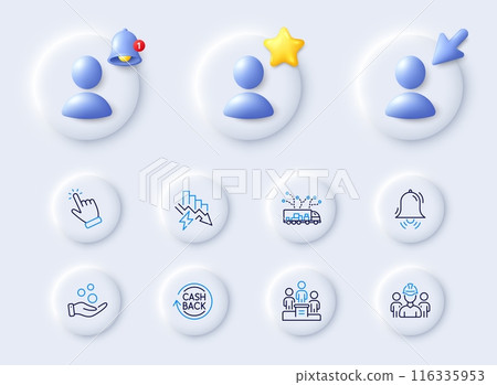 Saving electricity, Donation money and Clock bell line icons. Placeholder with 3d cursor, bell, star. Pack of Truck delivery, Business podium, Cashback icon. Cursor, Engineering team pictogram. Vector Saving electricity, Donation money and Clock bell line icons. Placeholder with 3d cursor, bell, star. Pack of Truck delivery, Business podium, Cashback icon. Cursor, Engineering team pictogram. Vector 116335953