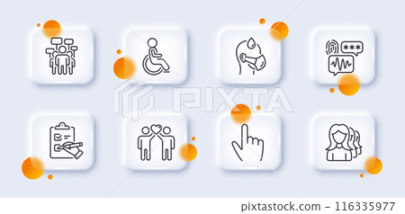 Sick man, Biometric security and Friends couple line icons pack. 3d glass buttons with blurred circles. Disability, Voting campaign, Cursor web icon. Women headhunting, Checklist pictogram. Vector 116335977