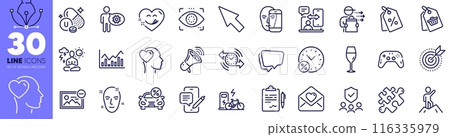Face biometrics, Friend and Sale tag line icons pack. Discount tags, Love letter, Electric bike web icon. Loan percent, Megaphone, Gamepad pictogram. Remove image, Vitamin u, Food delivery. Vector 116335979