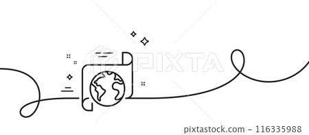 Global business documents line icon. Continuous one line with curl. Translation service sign. Internet marketing symbol. Translation service single outline ribbon. Loop curve pattern. Vector 116335988