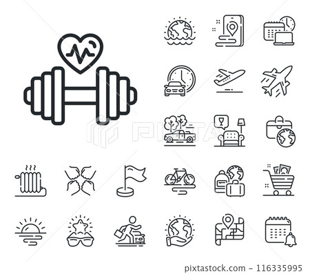 Workout equipment sign. Plane jet, travel map and baggage claim outline icons. Dumbbell with heartbeat line icon. Cardio Gym fit symbol. Dumbbell line sign. Car rental, taxi transport icon. Vector Workout equipment sign. Plane jet, travel map and baggage claim outline icons. Dumbbell with heartbeat line icon. Cardio Gym fit symbol. Dumbbell line sign. Car rental, taxi transport icon. Vector 116335995