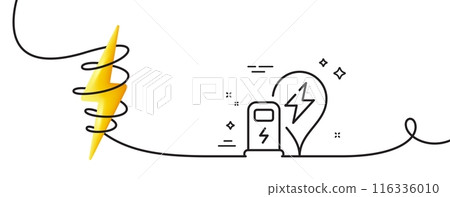 Charging station line icon. Continuous one line with curl. Car charge location sign. Electric power symbol. Charging station single outline ribbon. Loop curve with energy. Vector Charging station line icon. Continuous one line with curl. Car charge location sign. Electric power symbol. Charging station single outline ribbon. Loop curve with energy. Vector 116336010
