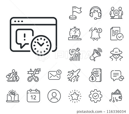 Time management sign. Salaryman, gender equality and alert bell outline icons. Project deadline line icon. Internet symbol. Project deadline line sign. Spy or profile placeholder icon. Vector Time management sign. Salaryman, gender equality and alert bell outline icons. Project deadline line icon. Internet symbol. Project deadline line sign. Spy or profile placeholder icon. Vector 116336034