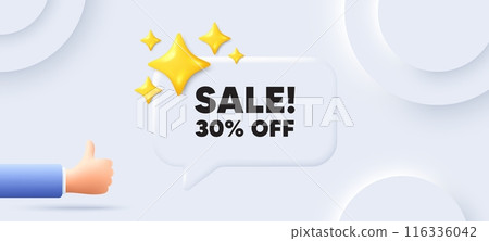 Sale 30 percent off discount. Neumorphic background with chat speech bubble. Promotion price offer sign. Retail badge symbol. Sale speech message. Banner with like hand. Vector 116336042