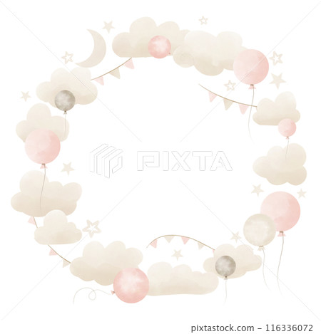Baby round Frame with Clouds and Balloons in pastel pink and beige colors. Border for boy greeting cards or birthday holiday invitations. Template for Border with stars and garlands. Baby round Frame with Clouds and Balloons in pastel pink and beige colors. Border for boy greeting cards or birthday holiday invitations. Template for Border with stars and garlands. 116336072