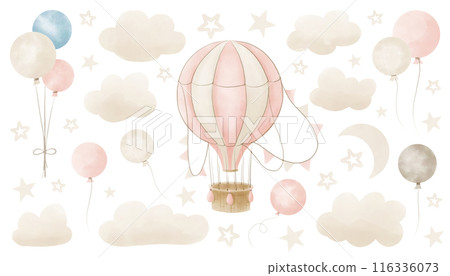 Watercolor hot Air Balloon with garlands, clouds and stars. Hand drawn Baby illustration of vintage aircraft in pastel pink end beige colors. Cute drawing for newborn shower or kid birthday. Watercolor hot Air Balloon with garlands, clouds and stars. Hand drawn Baby illustration of vintage aircraft in pastel pink end beige colors. Cute drawing for newborn shower or kid birthday. 116336073