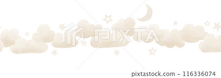 Baby border with Clouds and stars in pastel beige colors. Seamless Pattern for girl or boy Nursery wall art or childish greeting cards or holiday invitations. Childish ornament for Frame. 116336074