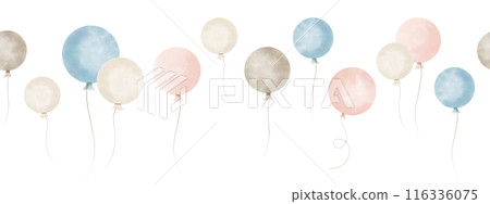 Baby border with round Balloons in pastel pink, blue and beige colors. Seamless Pattern for Nursery wall art or childish greeting cards and holiday invitations. Ornament for kids wallpaper. Baby border with round Balloons in pastel pink, blue and beige colors. Seamless Pattern for Nursery wall art or childish greeting cards and holiday invitations. Ornament for kids wallpaper. 116336075