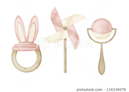Watercolor set with baby Rattle, Pinwheel and Teething Toy. Illustration of Teether and Whirligig in pastel pink colors. Sketch of baby girl elements for baby shower or newborn greeting cards. Watercolor set with baby Rattle, Pinwheel and Teething Toy. Illustration of Teether and Whirligig in pastel pink colors. Sketch of baby girl elements for baby shower or newborn greeting cards. 116336076
