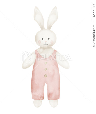 Cute Bunny Toy watercolor illustration in pink cloth. Hand drawn drawing for kid leisure game. Sketch for Baby shower greeting cards or invitations on isolated background. Rabbit or hare for girl. Cute Bunny Toy watercolor illustration in pink cloth. Hand drawn drawing for kid leisure game. Sketch for Baby shower greeting cards or invitations on isolated background. Rabbit or hare for girl. 116336077