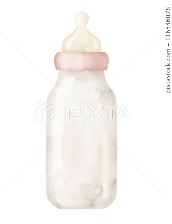 Watercolor Baby Bottle for milk. Hand drawn illustration on isolated background. Object for child food. Drawing for greeting cards or invitations. Plastic element for little Girl. Pastel pink colors. 116336078
