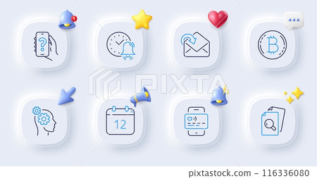 Receive mail, Inspect and Card line icons. Buttons with 3d bell, chat speech, cursor. Pack of Help app, Thoughts, Annual calendar icon. Bitcoin, Alarm bell pictogram. For web app, printing. Vector 116336080
