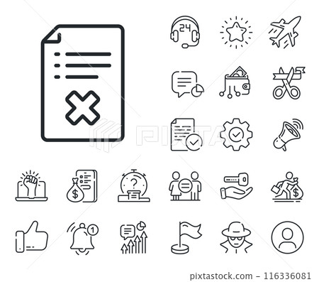 Decline document sign. Salaryman, gender equality and alert bell outline icons. Reject file line icon. Delete file. Reject file line sign. Spy or profile placeholder icon. Vector 116336081