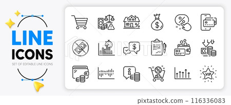 Corrupt, Wallet and Shopping cart line icons set for app include Info, Money bag, Fraud outline thin icon. Deflation, Mortgage, Payment received pictogram icon. Card, Discount button. Vector 116336083