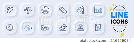 Puzzle, Cloud computing and Column chart line icons for web app. Pack of Fake news, Accounting checklist, Web report pictogram icons. Paper clip, Game console, Typewriter signs. Scissors. Vector 116336084