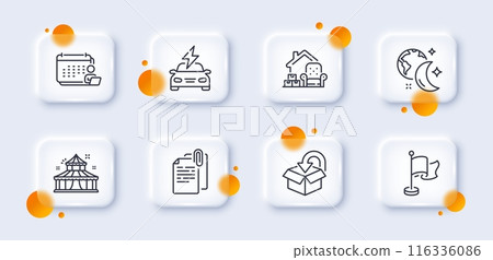 Return package, Circus and Car charging line icons pack. 3d glass buttons with blurred circles. Accounting, Sleep, Document attachment web icon. Packing things, Flag pictogram. Vector Return package, Circus and Car charging line icons pack. 3d glass buttons with blurred circles. Accounting, Sleep, Document attachment web icon. Packing things, Flag pictogram. Vector 116336086