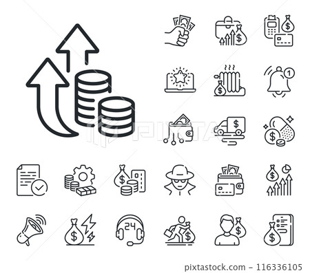 Growth or Increase price sign. Cash money, loan and mortgage outline icons. Inflation line icon. Change money symbol. Inflation line sign. Credit card, crypto wallet icon. Vector 116336105