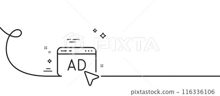 Ad line icon. Continuous one line with curl. Online offer sign. Internet promotion symbol. Ad single outline ribbon. Loop curve pattern. Vector 116336106