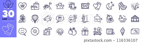Search puzzle, Shoes and Accounting line icons pack. Moon, Lounger, Carousels web icon. Flight destination, Fisherman, Travel sea pictogram. Smile chat, Love him, Sunrise. Christmas ball. Vector 116336107
