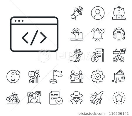 Web programming sign. Salaryman, gender equality and alert bell outline icons. Seo script line icon. Traffic management symbol. Seo script line sign. Spy or profile placeholder icon. Vector Web programming sign. Salaryman, gender equality and alert bell outline icons. Seo script line icon. Traffic management symbol. Seo script line sign. Spy or profile placeholder icon. Vector 116336141