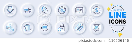 Free delivery, Downloading and Lock line icons for web app. Pack of Stress, Radiator, Qr code pictogram icons. Phone image, Hotdog, Dollar money signs. Gps, Vinyl record, Refund commission. Vector Free delivery, Downloading and Lock line icons for web app. Pack of Stress, Radiator, Qr code pictogram icons. Phone image, Hotdog, Dollar money signs. Gps, Vinyl record, Refund commission. Vector 116336146