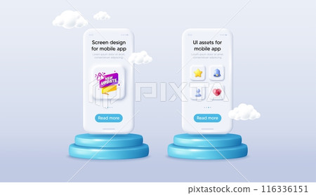 New update paper banner. Phone mockup on podium. Product offer 3d pedestal. Important message tag. Exclamation mark icon. Background with 3d clouds. New update promotion message. Vector 116336151