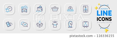 Digital wallet, Alarm clock and Pay money line icons for web app. Pack of Send box, Dry t-shirt, Car service pictogram icons. Marketing strategy, Approved, Human rating signs. Vector 116336155