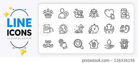 Father day, Hold document and Search love line icons set for app include Water care, Save planet, Court jury outline thin icon. Hearing, Volunteer, Star rating pictogram icon. Timer. Vector Father day, Hold document and Search love line icons set for app include Water care, Save planet, Court jury outline thin icon. Hearing, Volunteer, Star rating pictogram icon. Timer. Vector 116336156