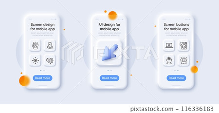Washing machine, Phone messages and Security agency line icons pack. 3d phone mockups with cursor. Glass smartphone screen. Vector Washing machine, Phone messages and Security agency line icons pack. 3d phone mockups with cursor. Glass smartphone screen. Vector 116336183