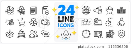 Icons set of Usa close borders, Donation and Cash line icons pack for app with Mental conundrum, Fuel price, Loud sound thin outline icon. Food delivery, Instruction manual, Time pictogram. Vector Icons set of Usa close borders, Donation and Cash line icons pack for app with Mental conundrum, Fuel price, Loud sound thin outline icon. Food delivery, Instruction manual, Time pictogram. Vector 116336206