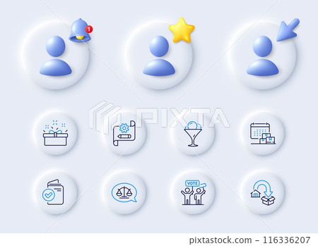 Ice cream, Cogwheel blueprint and Moving service line icons. Placeholder with 3d cursor, bell, star. Pack of Delivery calendar, Present box, Verification document icon. Vector Ice cream, Cogwheel blueprint and Moving service line icons. Placeholder with 3d cursor, bell, star. Pack of Delivery calendar, Present box, Verification document icon. Vector 116336207