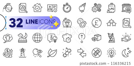 Outline set of Night mattress, Timer and Cooking timer line icons for web with Lamp, Lighthouse, Moon thin icon. Chemical formula, Microscope, Ice cream pictogram icon. Pound money. Vector 116336215