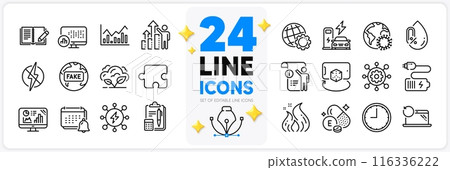 Icons set of Notification, Feedback and Report statistics line icons pack for app with Co2 gas, Puzzle, Manual doc thin outline icon. Framework, Recovery laptop, Time pictogram. Vector 116336222