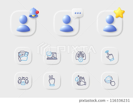 Cursor, Smile and Wash hands line icons. Placeholder with 3d star, reminder bell, chat. Pack of Rent car, Social distance, Lungs icon. Victory hand, Friends chat pictogram. Vector 116336231