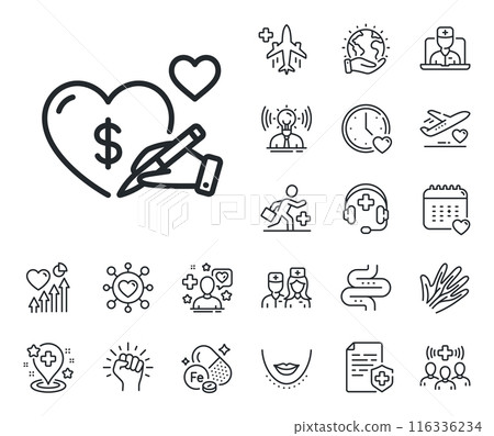 Volunteer care sign. Online doctor, patient and medicine outline icons. Donation organization line icon. Health insurance symbol. Social care line sign. Vector Volunteer care sign. Online doctor, patient and medicine outline icons. Donation organization line icon. Health insurance symbol. Social care line sign. Vector 116336234