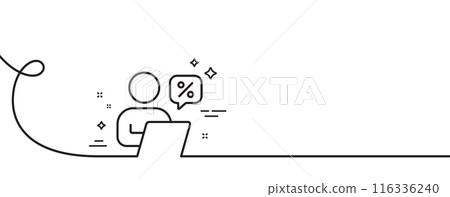 Online discounts line icon. Continuous one line with curl. Sale offer sign. Promotion price symbol. Online discounts single outline ribbon. Loop curve pattern. Vector 116336240