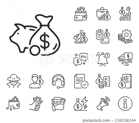 Coins money sign. Cash money, loan and mortgage outline icons. Piggy bank line icon. Business savings symbol. Piggy bank line sign. Credit card, crypto wallet icon. Inflation, job salary. Vector 116336244