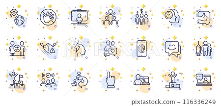 Outline set of Online education, Do not touch and Meeting line icons for web app. Include Medical vaccination, Winner, Squad pictogram icons. Fraud, Friends chat, Smile face signs. Like. Vector 116336249