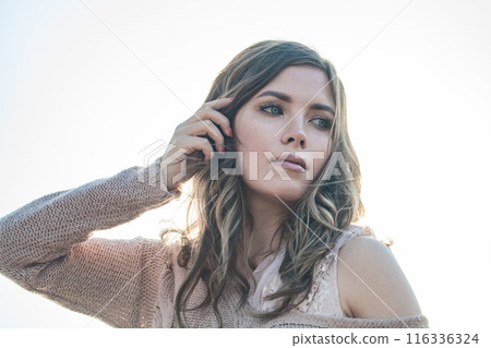 Healthy female face closeup. Beautiful woman isolated on white background 116336324
