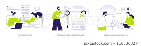 Vehicle registration abstract concept vector illustrations. Vehicle registration abstract concept vector illustrations. 116336327