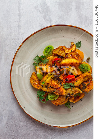 Salad, crispy eggplant in batter, with cherry, sesame seeds, olive oil, homemade, no people, 116336440