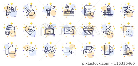 Outline set of Augmented reality, Chemistry experiment and Internet report line icons for web app. Include Meditation eye, Remove image, Video conference pictogram icons. Start business. Vector 116336460