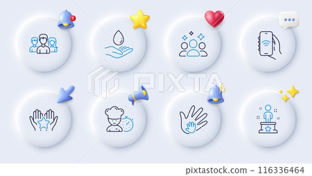 Squad, Internet app and Ranking line icons. Buttons with 3d bell, chat speech, cursor. Pack of Social responsibility, Water care, Chef icon. Success, Teamwork pictogram. For web app, printing. Vector 116336464