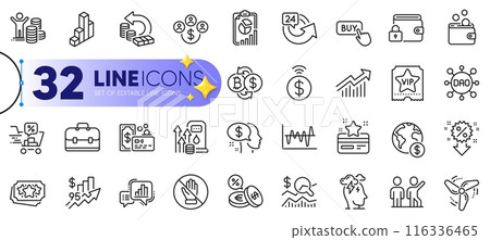 Outline set of Report, Discounts cart and 3d chart line icons for web with Portfolio, Vip ticket, Loyalty points thin icon. Corrupt, Fuel price, Buying currency pictogram icon. Stress. Vector 116336465